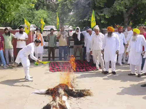 करनाल में धान खरीद को लेकर भड़के किसान:मार्केट कमेटी कार्यालय पर ताला जड़ा, CM सैनी का पुतला फूंका, आंदोलन की चेतावनी