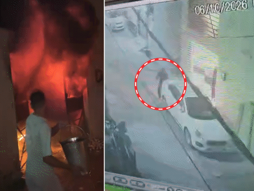 रिटायर्ड सूबेदार के घर में आग लगाने का VIDEO:मेरठ में किराएदार 2 बच्चों को लेकर कूदा, दोनों पैर टूटे; आरोपी बाइक से भागे