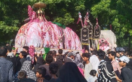 दरियाबाद में निकला 72 ताबूत का जुलूस:40 फीट ऊंचा पंजा, झूला और अमारी सहित कई प्रतीक शामिल;अंजुमनों ने किया नौहा