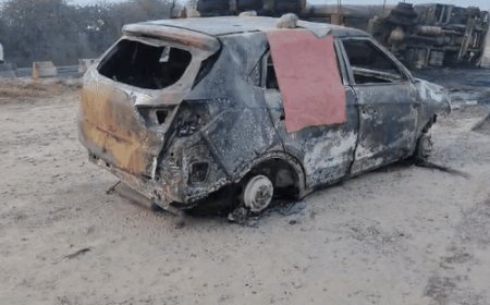 रेवाड़ी में केमिकल से भरा टैंकर पलटा, आग लगी:पीछे आ रहे कार सवार 2 लोग जिंदा जले, 2 गंभीर; खाटूश्याम जा रहे थे