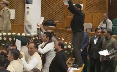 जम्मू-कश्मीर विधानसभा में हंगामा, NC-BJP विधायक भिड़े:बाढ़ पर चर्चा चाहते थे, अध्यक्ष ने परमिशन नहीं दी; विरोध करने वाले विधायकों मार्शलों ने बाहर निकाला