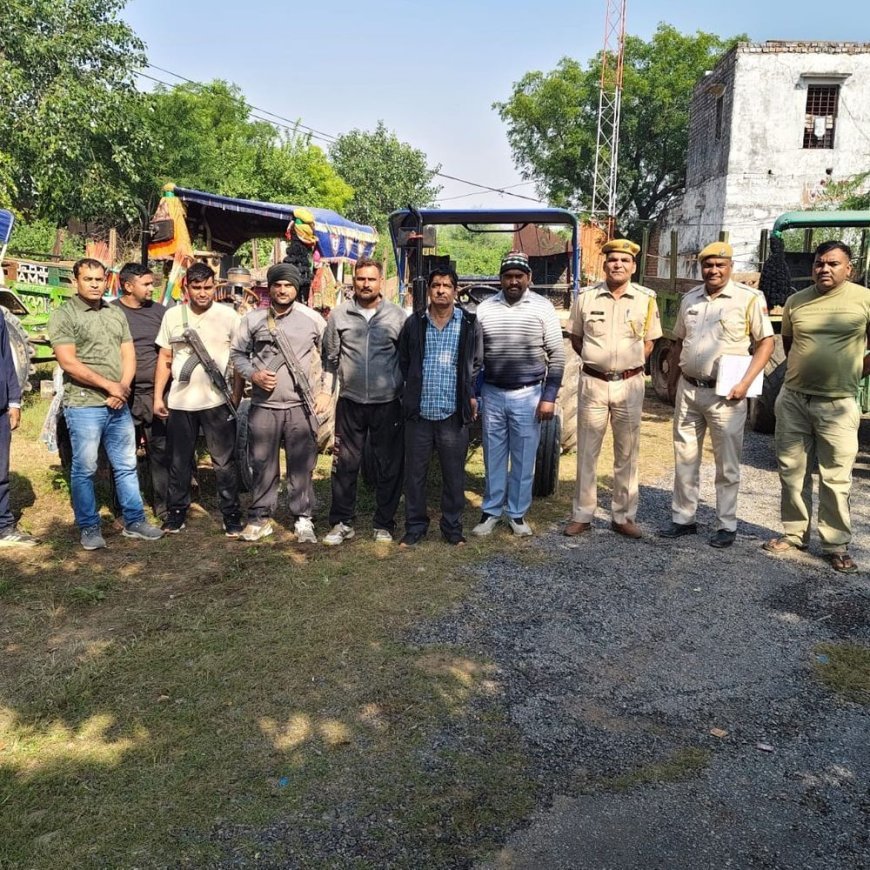 धौलपुर में अवैध चंबल बजरी से भरे 10 ट्रैक्टर-ट्रॉली जब्त:पुलिस और DST की संयुक्त कार्रवाई, वन्य जीव अधिनियम के तहत मामला दर्ज