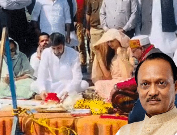 अजित पवार की अस्थियां लेकर बेटा नंगे पैर संगम पहुंचा:पत्रकारों के सवाल पर चुप रहे; प्राइवेट जेट से परिवार प्रयागराज आया