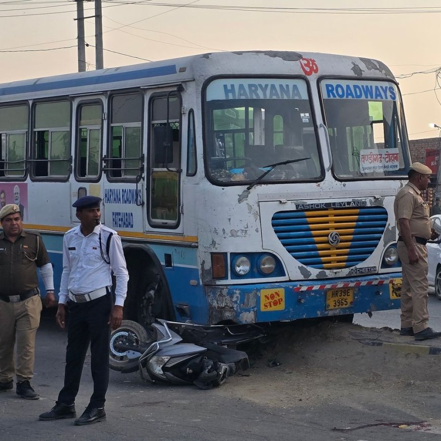 नरवाना में रोडवेज बस ने स्कूटी को रौंदा:एक महिला समेत 2 घायल; हरियल चौक पर जाम, ट्रैफिक व्यवस्था सवालों में