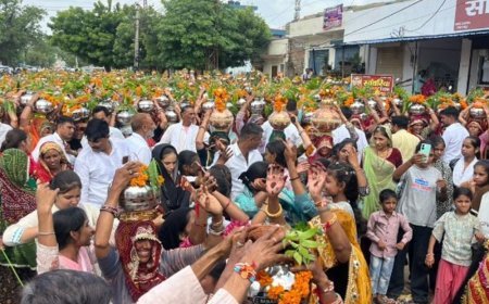 751 कलश के साथ निकली वीर-तेजाजी की विशाल कलश यात्रा:जगह-जगह भव्य स्वागत हुआ, पूरे रास्ते नाचते-गाते चले भक्त
