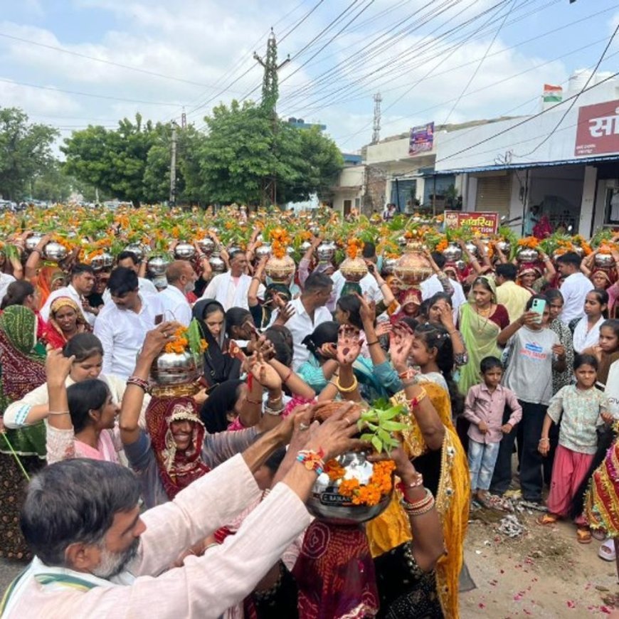 751 कलश के साथ निकली वीर-तेजाजी की विशाल कलश यात्रा:जगह-जगह भव्य स्वागत हुआ, पूरे रास्ते नाचते-गाते चले भक्त