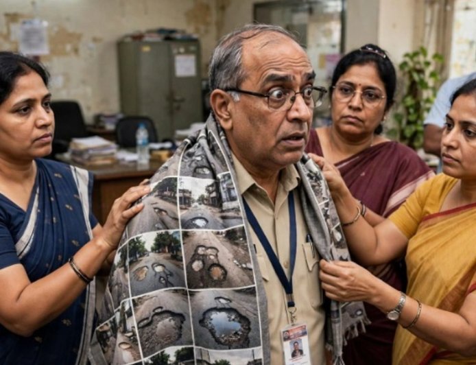 कल्याण में सब-इंजीनियर को पहनाया गड्ढों वाली तस्वीरों का शॉल:बदहाली पर शिवसेना UBT महिला पार्षदों का विरोध, बोलीं- सड़कें ठीक करवा दो, असली शॉल देंगे